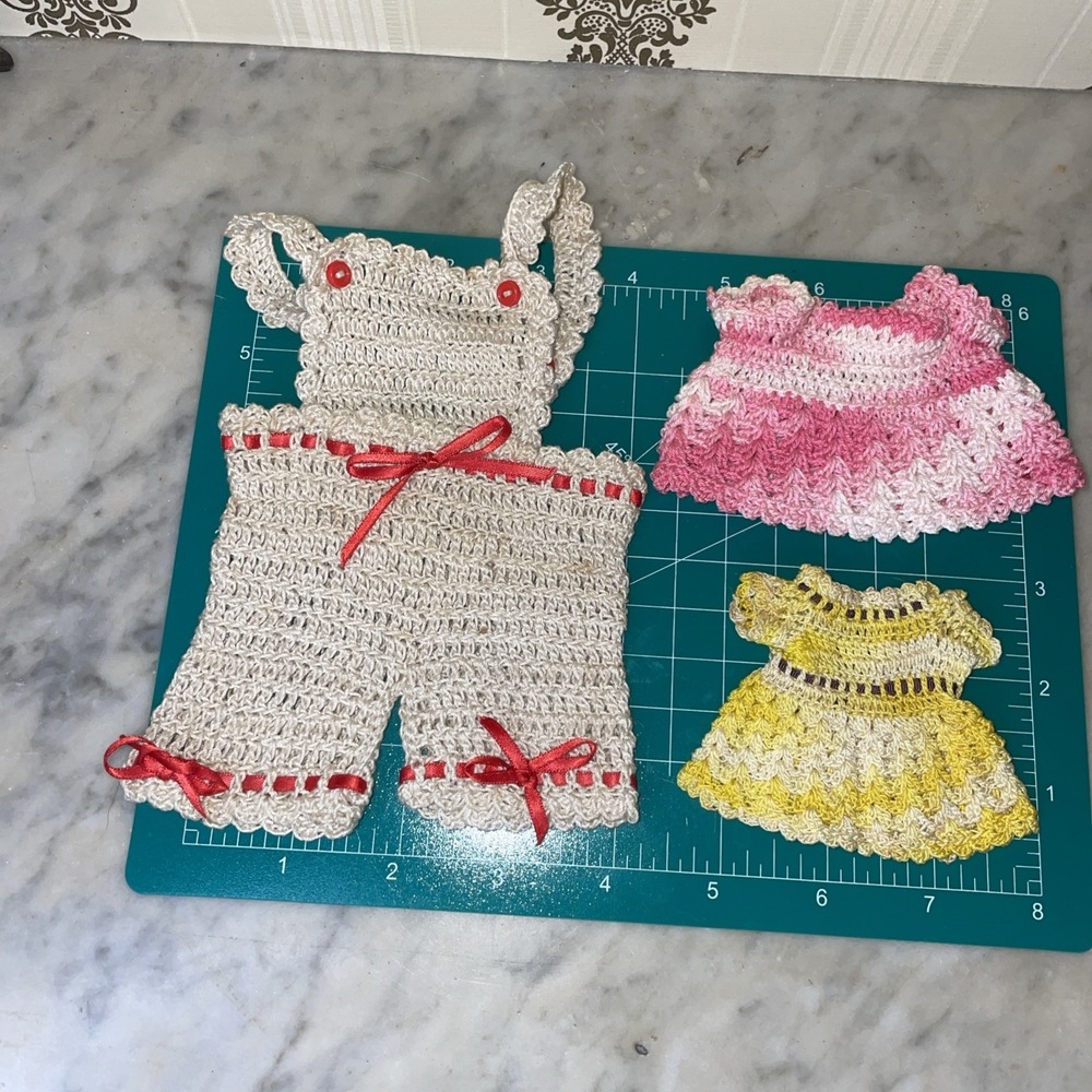 Handmade Crochet Doll Clothes Lot Yellow Pink Outfits Dress Shorts Overalls‎